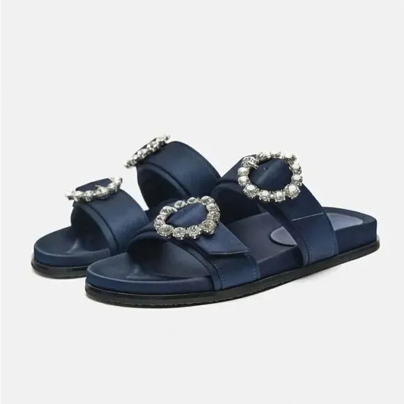 ZARA FLAT SLIDER SANDALS WITH RHINESTONE BUCKLES