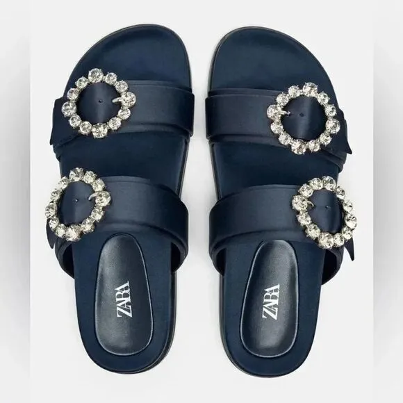 ZARA FLAT SLIDER SANDALS WITH RHINESTONE BUCKLES
