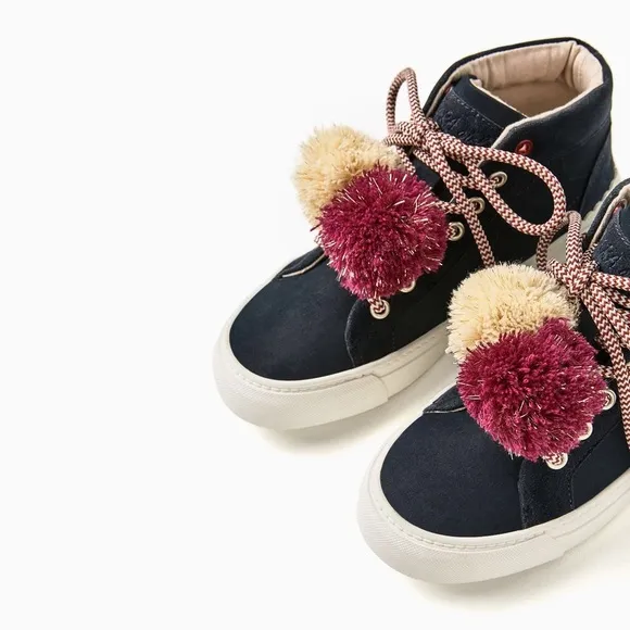 Zara girls high top sneakers with Pom Pom