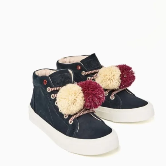 Zara girls high top sneakers with Pom Pom