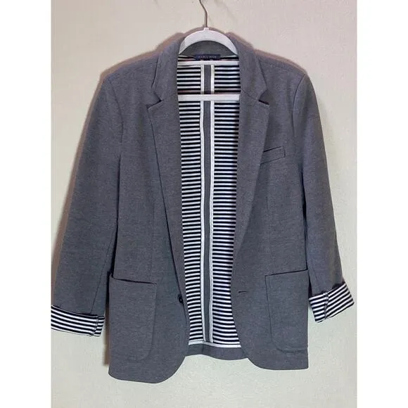 Zara Gray Knit Blazer Interior Cotton Stripes ~ Nautical Prep ~ Men S Women M/L