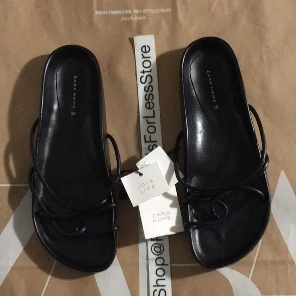 ZARA HOME 100% LEATHER BLACK STRAPPY SANDALS