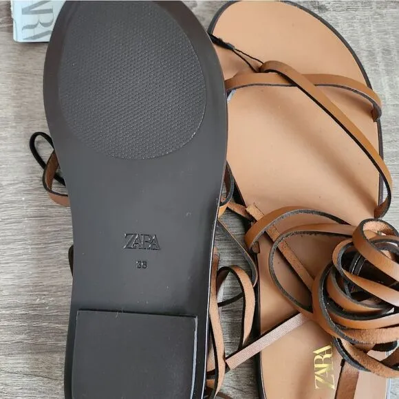 ZARA NEW WOMEN'S LACE UP TIED FLAT LEATHER SANDALS BROWN SIZE  EU 36