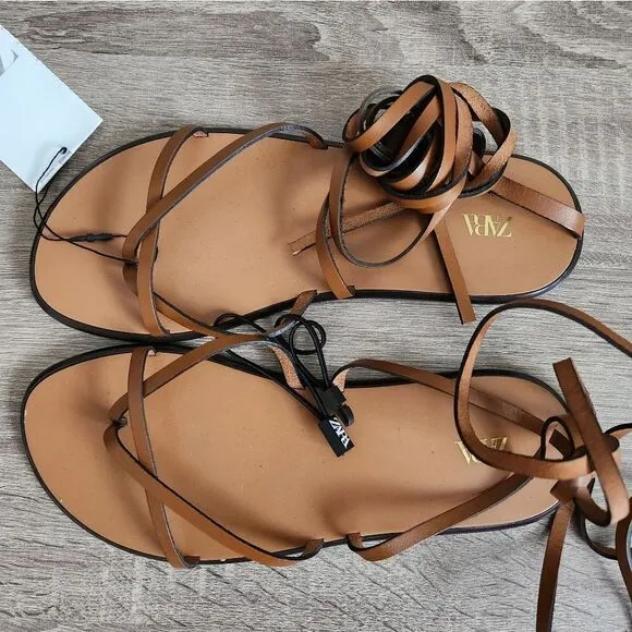 ZARA NEW WOMEN'S LACE UP TIED FLAT LEATHER SANDALS BROWN SIZE  EU 36