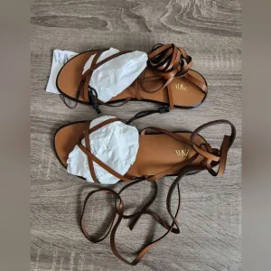 ZARA NEW WOMEN'S LACE UP TIED FLAT LEATHER SANDALS BROWN SIZE  EU 36