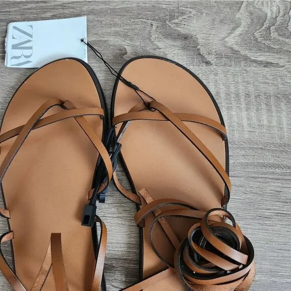 ZARA NEW WOMEN'S LACE UP TIED FLAT LEATHER SANDALS BROWN SIZE  EU 36