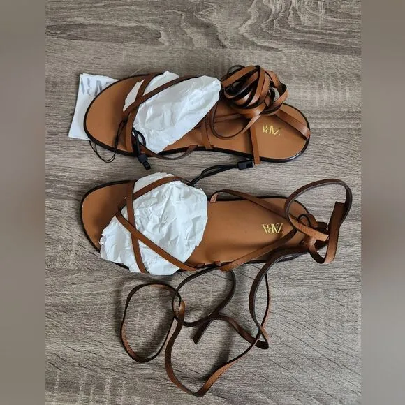 ZARA NEW WOMEN'S LACE UP TIED FLAT LEATHER SANDALS BROWN SIZE  EU 36