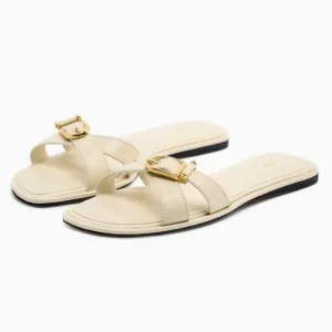 Zara Off White / Cream FLAT LEATHER SANDAL WITH BUCKLE Size 9 US