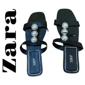 Zara Pearl Flat Sandals Black leather white pearls golden hardware SZ EU 41