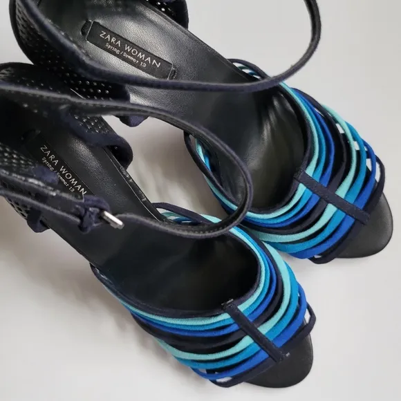Zara tonal blue strappy stiletto ankle strap stiletto sandals size 41