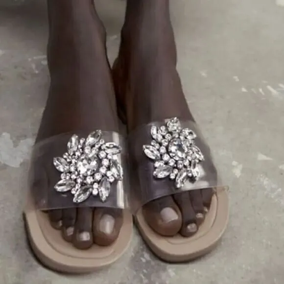 ZARA EMBELLISHED VINYL FLAT SANDALS‎