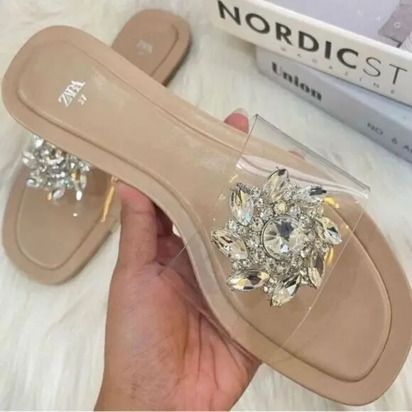 ZARA EMBELLISHED VINYL FLAT SANDALS‎