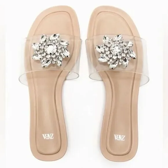 ZARA EMBELLISHED VINYL FLAT SANDALS‎